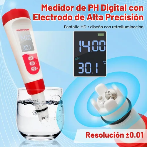 Vista 3 de Probador digital de pH de agua para piscina, medidor de pH multifuncional 4 en 1 para agua/TDS/EC/termómetro, medidor TDS EC medidor digital de agua