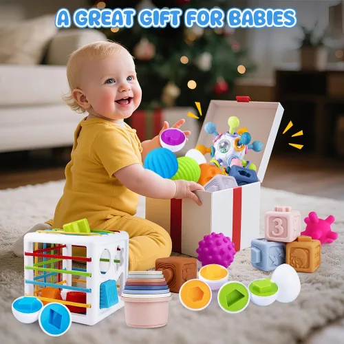 Vista 8 de Juguetes 6 en 1 para bebés de 6 a 12 meses, juguete Montessori para niños de 1 año, juguete de dentición para bebés, apilar tazas, cubo sensorial
