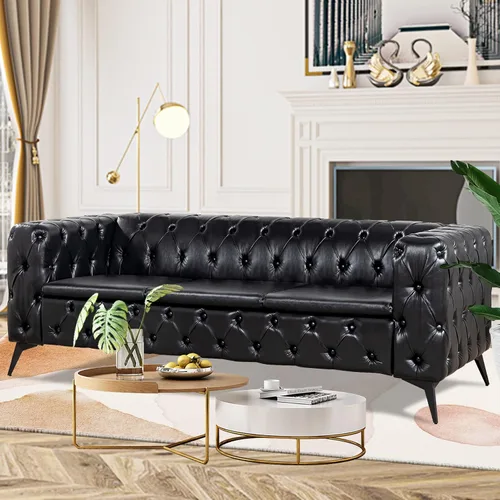Vista 3 de Sofás negros para sala de estar, moderno sofá Chesterfield copetudo, asiento profundo, cómodo sofá de piel sintética, brazos enrollados plisados
