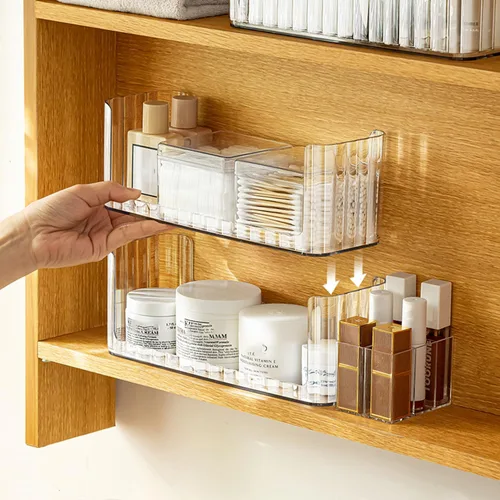Vista 4 de Organizador de estantes de 2 niveles para botiquín, compartimentos para almacenamiento de maquillaje, bandejas de estante para pared de gabinete