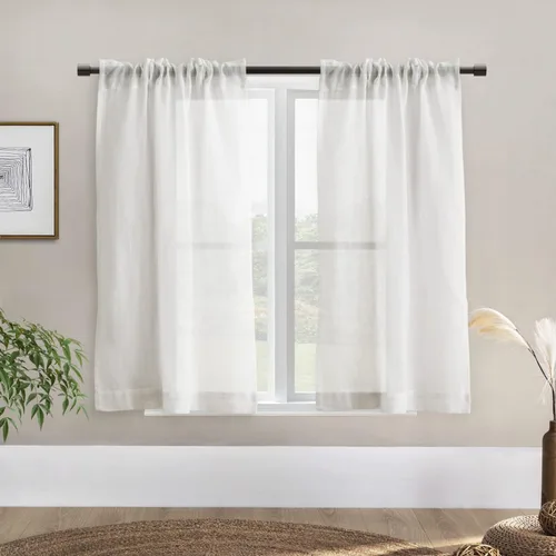 Vista 16 de Cortinas rústicas para ventana de cocina, cortinas de lino transparentes con bolsillo para barra para ventanas cortas, juego de 2 paneles, 42