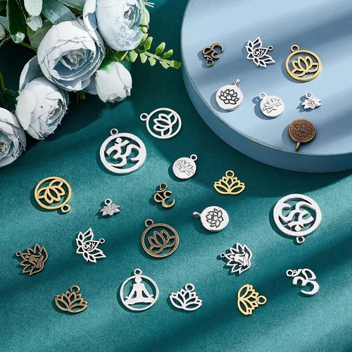 Vista 4 de SUNNYCLUE 1 caja 68 dijes de loto para yoga, flor de loto, dije hueco OM Yoga Chakra Energía Dijes planos redondos para hacer joyas, collares