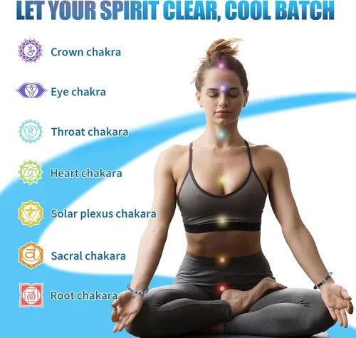 Vista 4 de 2 pulseras de mal de ojo, pulsera de mano de Fátima, pulsera de 7 chakras, pulsera elástica de cuentas contra el mal de ojo, pulsera de piedras
