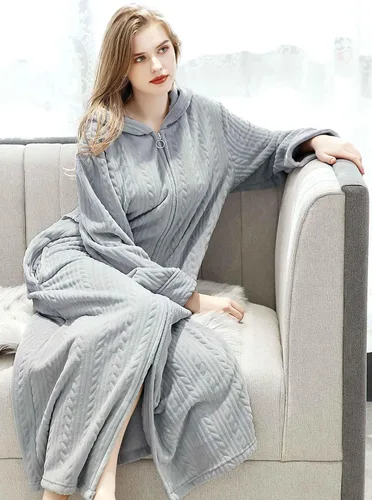 Vista 5 de Artfasion Bata larga con cremallera frontal y capucha para mujer, ropa de dormir de longitud completa para mujer