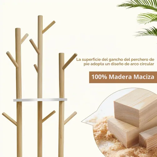 Vista 4 de LIWSHWZ Perchero de madera maciza independiente, perchero con 3 estantes y 9 ganchos, árbol de pasillo para dormitorio, entrada, sala de estar
