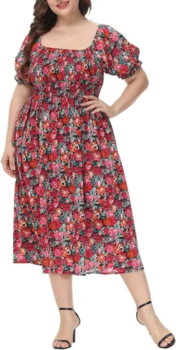 Vista 5 de ALLEGRACE Vestido de talla grande para mujer, bohemio, floral, cuello cuadrado, verano, casual, fluido, fiesta, playa, maxi vestidos