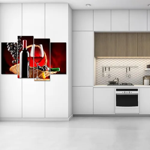 Vista 3 de iKNOW FOTO 4 piezas de decoración de pared de cocina, vino negro y rojo, uvas, lienzo, ilustración, botella de vino, pintura, impresión de arte