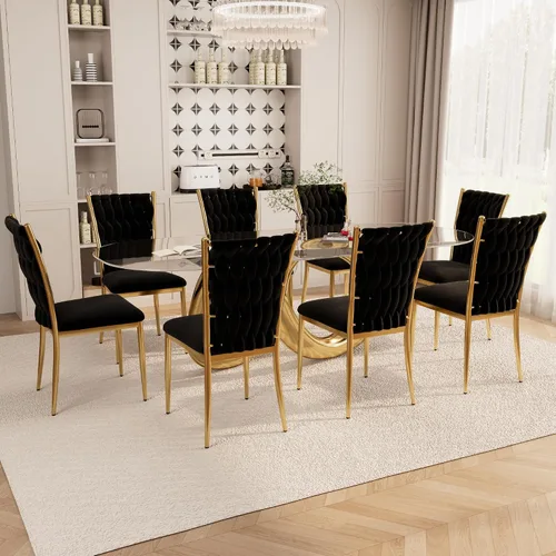 Vista 16 de Juego de 2 sillas de comedor de terciopelo, modernas sillas de cocina tejidas con patas de metal dorado, cojín tapizado con respaldo alto