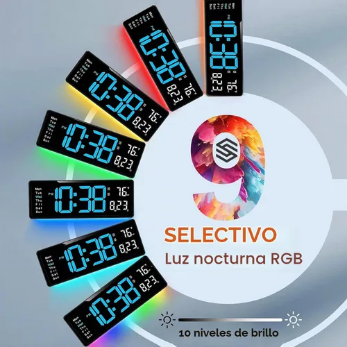 Vista 6 de Reloj de pared digital LED grande de 16.5 pulgadas con brillo automático, retroiluminación RGB, alarma doble, pantalla de temperatura y humedad