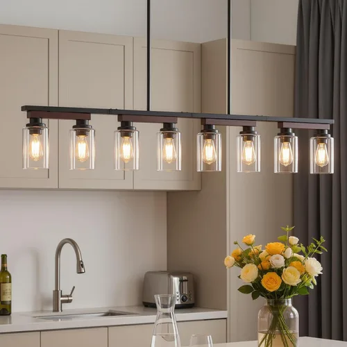 Vista 16 de 4 lámparas de isla de cocina y accesorios de iluminación de comedor de granja sobre mesa, colgante rústico ajustable para techo - Diseño giratorio