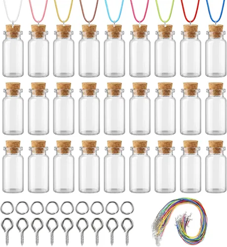 Vista 8 de Sawysine Juego de 50 mini botellas de vidrio de 0.3 fl oz con collar de corcho, frasco pequeño de botella de deseos, cordón encerado negro Colorido
