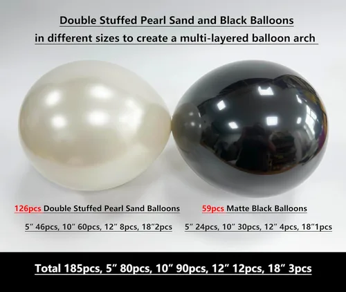 Vista 5 de Kit de arco de globos de 185 piezas negros y de arena de perlas doble relleno con lazos y perlas de imitación, globos negros y blancos