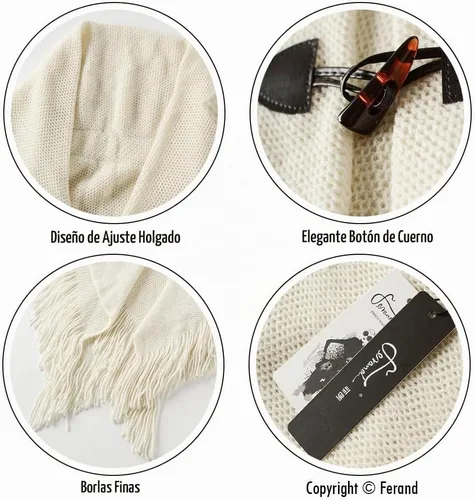 Vista 5 de Ferand Capa tipo poncho con ajuste holgado, chal y botones de cuerno elegantes, con escote en V y dobladillo en V, para mujer Beige