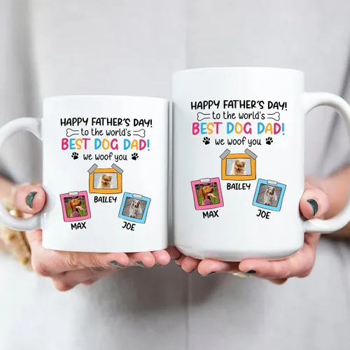 Vista 6 de Taza de café blanca personalizada con foto, con texto en inglés «To The World's Best Dog Dad We Woof You», taza de café blanca de 11 onzas y 15