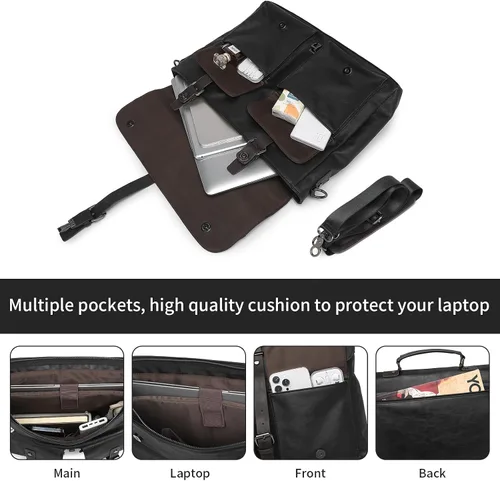 Vista 3 de Bolsa de mensajero de cuero para hombre, bolso vintage para computadora portátil, resistente al agua, maletín de viaje de negocios, bolsa de trabajo