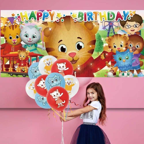 Vista 8 de Daniel Tiger suministros para fiesta de cumpleaños de tigre platos de decoración de cumpleaños globos pancarta cubiertos de plástico cuchillos