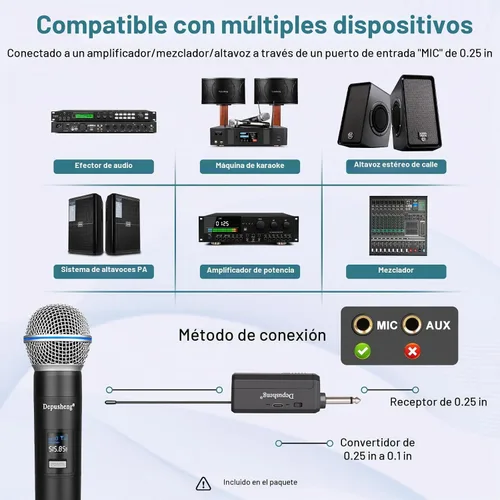 Vista 4 de Depusheng Micrófono inalámbrico, micrófono recargable, micrófono inalámbrico dinámico de mano para cantar karaoke, boda, DJ, fiesta, discurso
