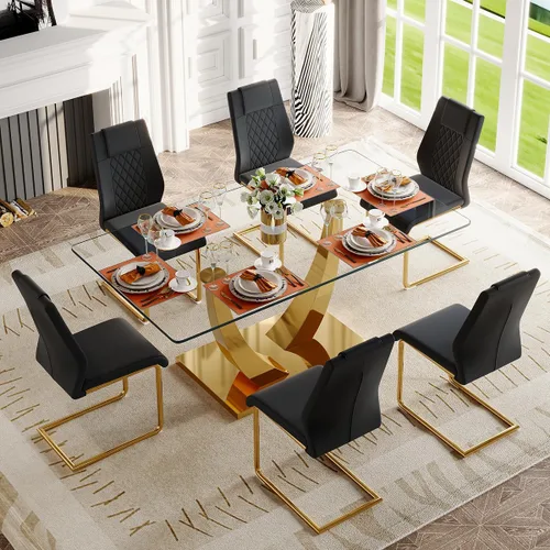 Vista 24 de Juego de mesa de comedor de cristal de 63 pulgadas para 4, mesa de comedor para 4, mesa de comedor con patas y base de acero inoxidable, sillas