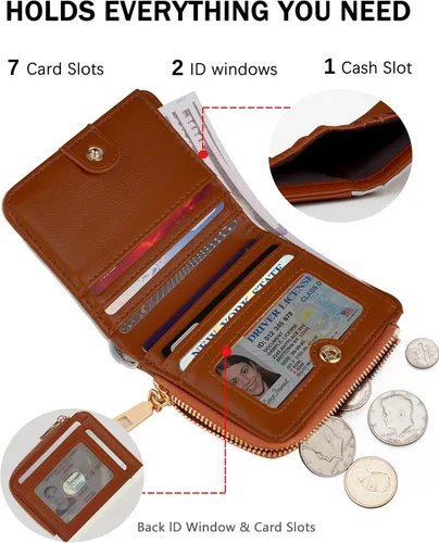 Vista 3 de Billeteras pequeñas y plegables para mujer, mini-cartera RFID para mujer, tarjetero delgado con bolsillo con cremallera para monedas y 2 ventanas