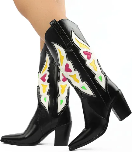 Vista 7 de Botas vaqueras bordadas estilo vaquero para mujer, botas de media pantorrilla, botas de tacón grueso