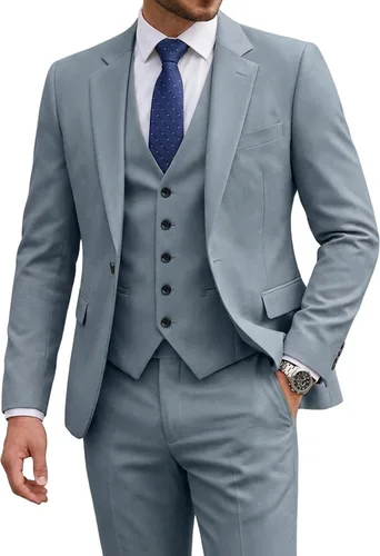 Vista 23 de Traje de 3 piezas para hombre con corbata, chaleco sólido de un botón y beige (529-beige)