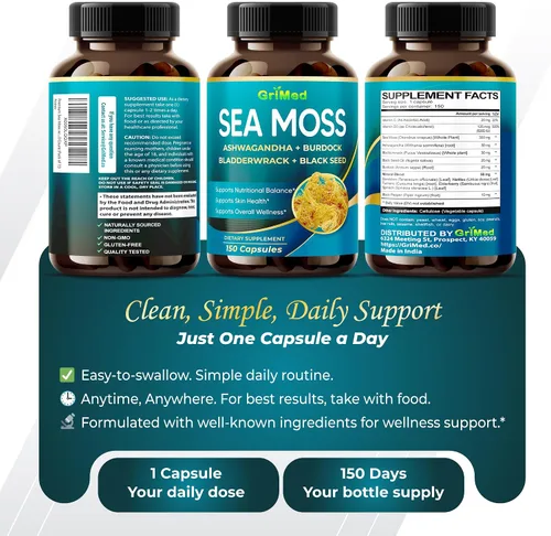 Vista 9 de Musgo marino prémium con Ashwagandha, vejiga de bardana, semillas negras para sistema inmunológico, piel, digestión y energía (150