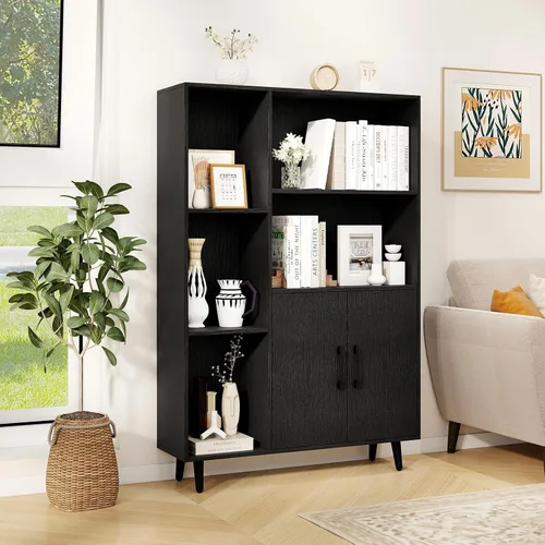 Vista 2 de Giantex Gabinete de almacenamiento de 47 pulgadas, estantería con 2 puertas, 5 estantes abiertos, patas de metal, kits antipuntas, gabinete de Negro
