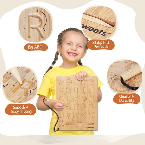 Vista 7 de Asweets Montessori - Tabla de trazado del alfabeto de madera, tablero de práctica de letras de madera, tableros de doble cara para niños pequeños