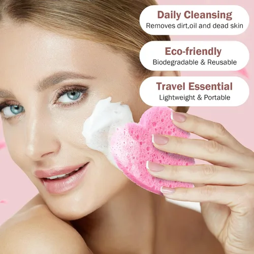 Vista 4 de Dandat 300 esponjas faciales comprimidas en forma de corazón, esponjas faciales para limpieza, almohadillas exfoliantes faciales naturales para Rosa