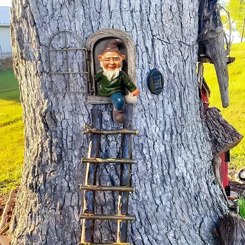 Vista 8 de Abrazador de árbol de elfo de 5.7 pulgadas, divertida estatua de gnomo de jardín, figura de gnomo de resina colgante, escultura de árbol caprichosa