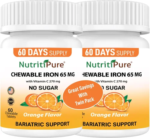Vista 10 de Hierro carbonílico masticable de 65 mg con 270 mg de vitamina C – Tableta Bariátrica (no gomosa), sabor a naranja sin azúcar – Suplemento de hierro