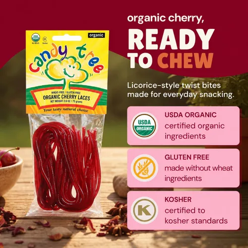 Vista 9 de Candy Tree Cordones orgánicos, sin trigo ni gluten, cereza, paquete de 4, 2.65 oz