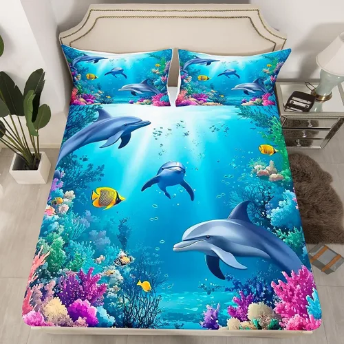 Vista 24 de Sábana bajera ajustable de tamaño individual para niños, diseño de animales marinos náuticos, juego de ropa de cama coral bajo el mar, juego de ropa