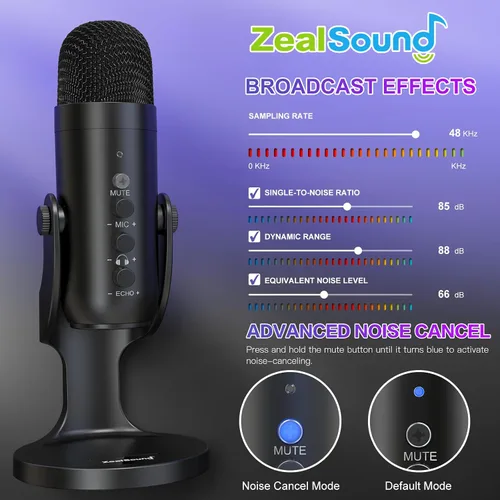 Vista 3 de ZealSound Micrófono de podcast para PC, micrófono USB con cancelación de ruido con ganancia, ajuste de volumen y botón de silencio, monitoreo y eco