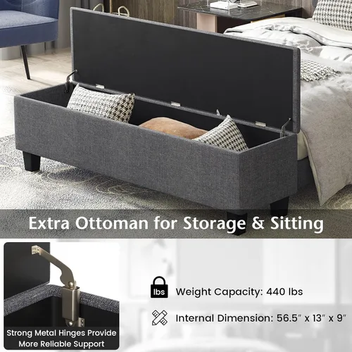 Vista 4 de KOMFOTT Base de cama tapizada de tamaño matrimonial con almacenamiento otomano, base de colchón moderna con cabecera copetuda con botones, base