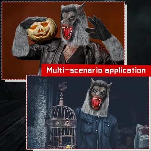 Vista 6 de ramede 3 piezas de disfraz de hombre lobo para Halloween, máscara de cabeza de lobo para adultos, guantes de garras, guantes de hombre lobo