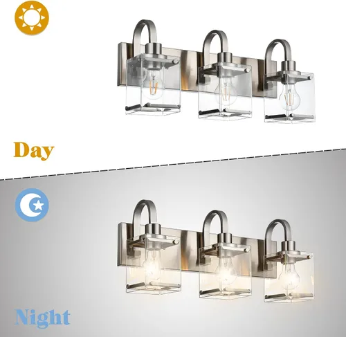 Vista 5 de Lámparas de tocador de baño de 3 luces, modernas luces de tocador con pantalla de vidrio transparente, lámpara de pared de níquel cepillado