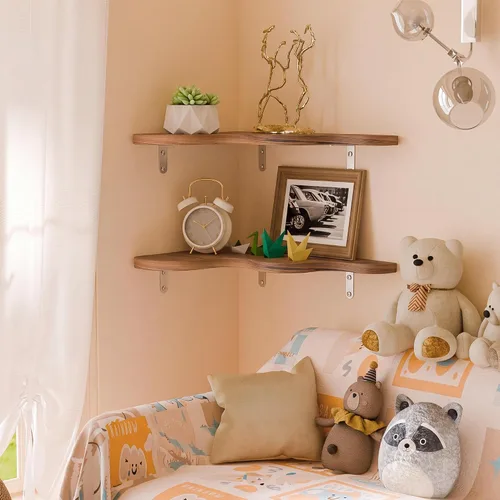 Vista 5 de Cute Cloud Corner Shelves - Set of 2 Brown Wooden Floating Corner Shelves Wall Mounted, 90-Degree Space-Saving Nursery Shelves with Brackets, Kids