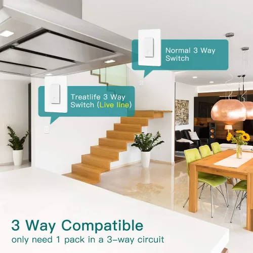 Vista 3 de TREATLIFE Interruptor inteligente de 3 vías, interruptor de luz WiFi de 2.4 GHz, funciona con Alexa y Google Home, requiere cable neutro, control