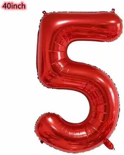 Vista 2 de Globo de 40 pulgadas, corona roja número 5, globo gigante de película de aluminio con el número 5, globos de decoración de cumpleaños número 5