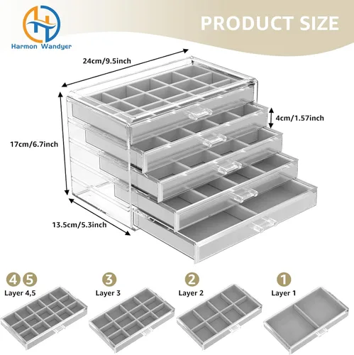 Vista 2 de Harmon Wandyer Organizador de joyas de acrílico con 5 cajones, organizador de almacenamiento de aretes transparente para mujeres y niñas, gris
