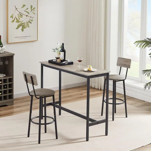 Vista 7 de Juego de mesa y silla de bar industrial para 2 mesas y taburetes de altura de mostrador con respaldo, mesa de comedor rectangular, juego de 3