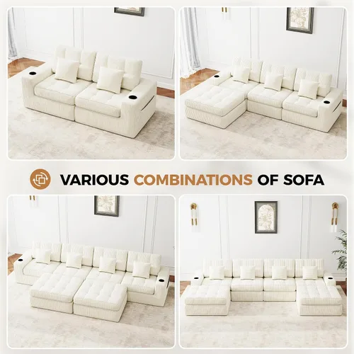 Vista 9 de Sofá modular sin hueso de nube de 112 pulgadas en forma de L, moderno sofá modular con cojín en capas, sofás de pana convertibles sin montaje