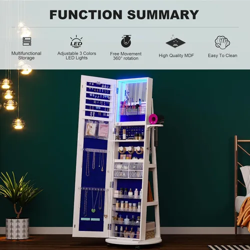 Vista 4 de HNEBC 360 Swivel Jewelry Armoire with Mirror, LED Mirror Jewelry Cabinet Standing, Full Length Mirror with Jewelry Storage, Standing Jewelry