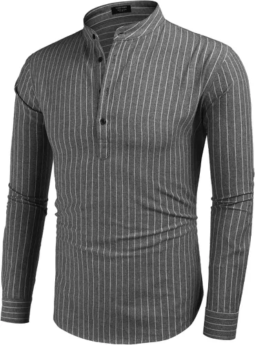 Vista 2 de COOFANDY - Camisa de lino y algodón con cuello Henley, de manga larga, estilo hippie, informal, camisetas de playa