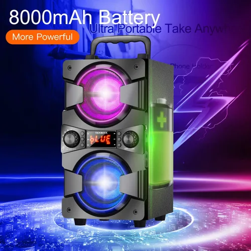 Vista 5 de Altavoces Bluetooth de 60 W, altavoz inalámbrico portátil con subwoofer doble, graves pesados, radio FM, micrófono, luces, ecualizador remoto, caja