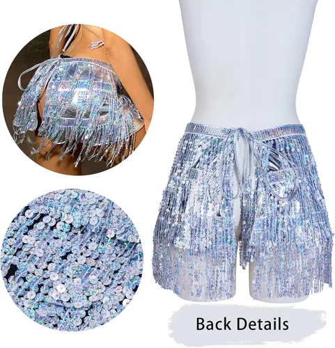 Vista 6 de Conjunto de falda para danza del vientre, lentejuelas brillantes, flecos, borlas y faldas cortas, para festivales y raves para mujer