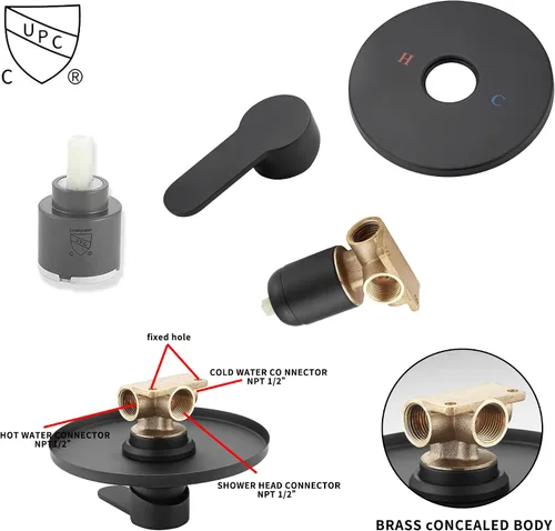 Vista 5 de Cabezal de regadera de color negro mate con una sola función, kit de ajuste de regadera con válvula de paso, sistema completo de llave de regadera