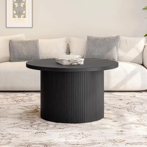 Vista 5 de ONBRILL Mesa de centro redonda de 31.5 pulgadas, mesas de centro con diseño de tambor para sala de estar, mesa de centro de madera moderna de Negro
