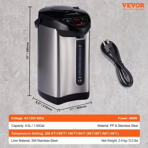 Vista 32 de VEVOR Dispensador de agua caliente, caldera y calentador de agua ajustable de 4 temperaturas, calentador de agua de encimera de acero inoxidable